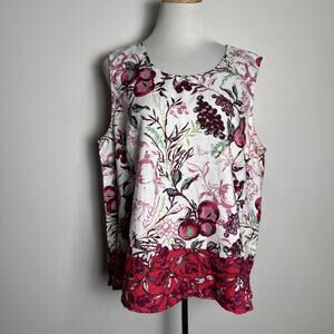 Lantana Casuals Linen Blouse Size Medium Sleeveless Floral Fruit Grape Cherry